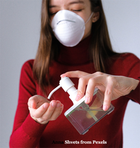 Woman with Mask Using Sanitizer