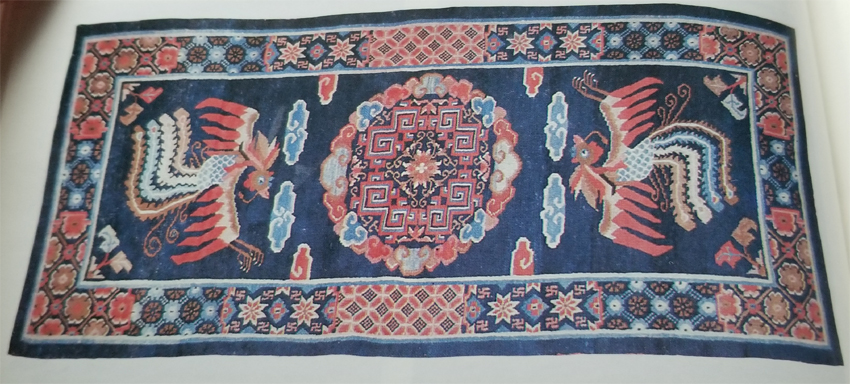 Tibetan Rug with 2 Phoenixes Facing a Cloud-Ringed Medallion