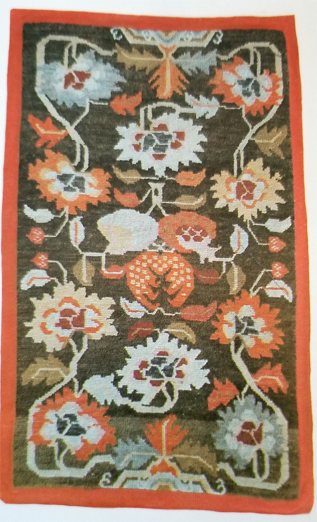 Tibetan Rug with Lotus and Chrysanthemum Leaves and Flowers Surrounding 3 Fruits Center Design