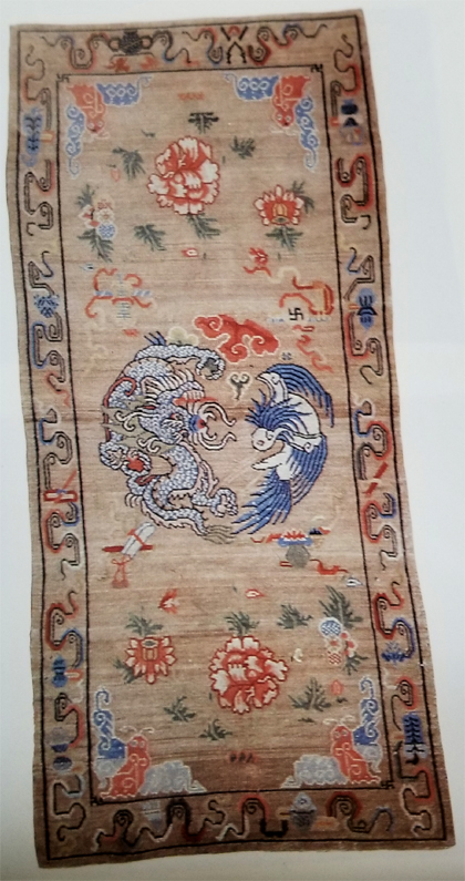 Tibetan One Medallion Rug with Dragon and Phoenix