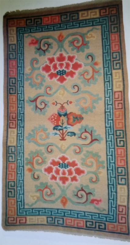 Tibetan Rug With 2 Lotus Flowers Flanking 3 Fruits