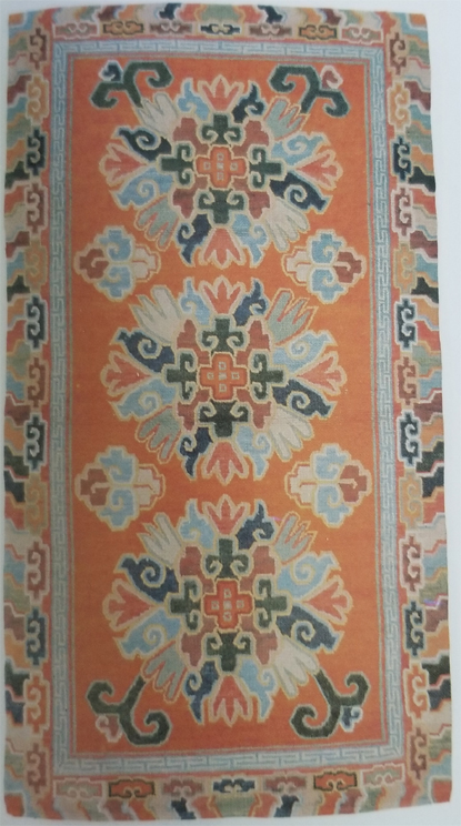 Tibetan Rug with Stylized Flower Medallions Possibly Chrysanthemum