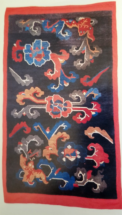 Tibetan Rug with Lotus and Bat Design Elements